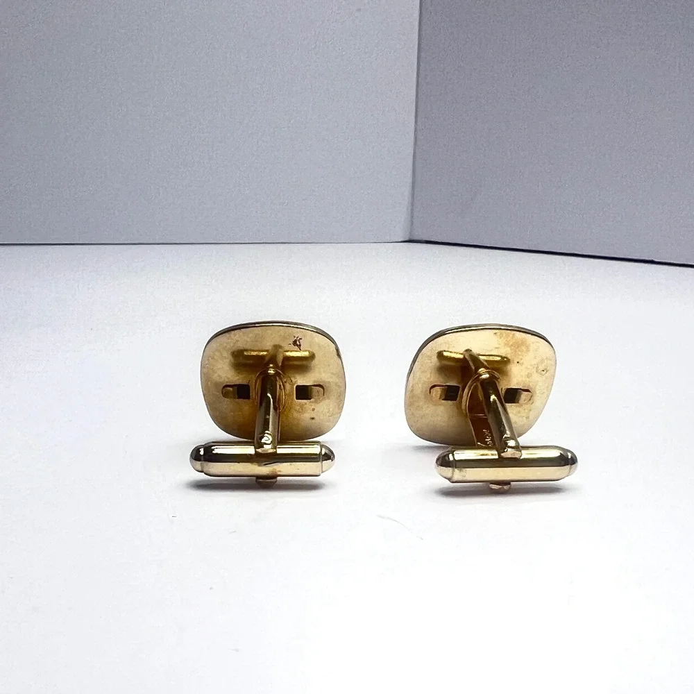 Vintage Anson Onyx Cufflinks Gold Tone‎ Black Center Bullet Back Signed